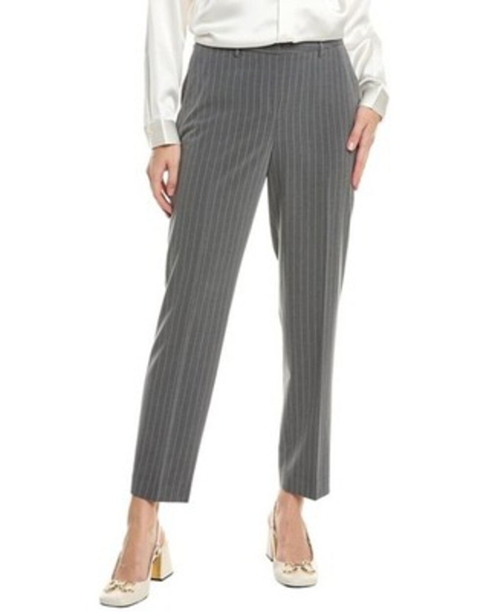 Tahari ASL Classic Pinstripe Pants Women's 14 Grey Ivory Belt Loops Zip Closure